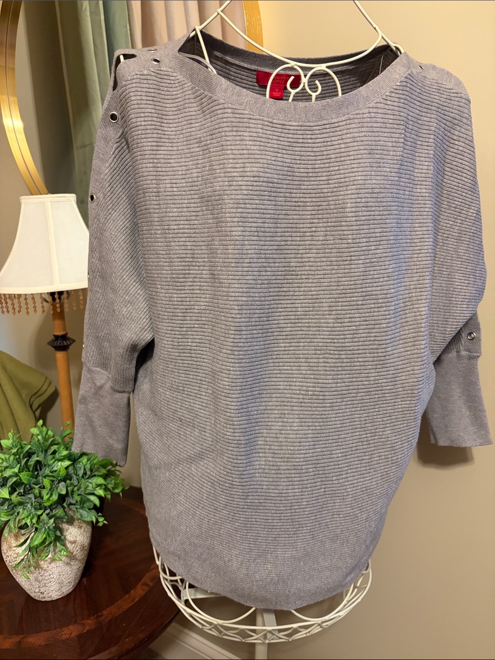 Jennifer Lopez Gray Ribbed Boatneck Sweater with grommet Detail Sleeves